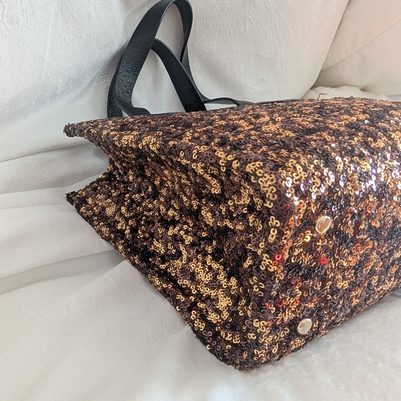 Kate Spade Black and Gold Sequin Shopper Style Tote Bag Leather Handles EUC - Picture 9 of 12